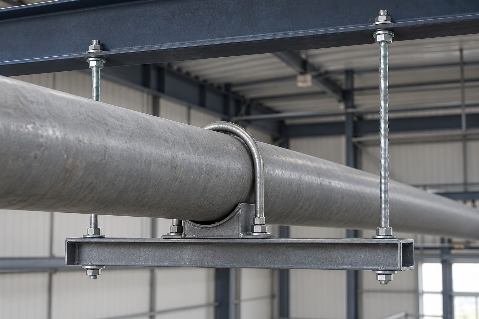Illustration of a pipe saddle on a cross-member suspended by two threaded rods