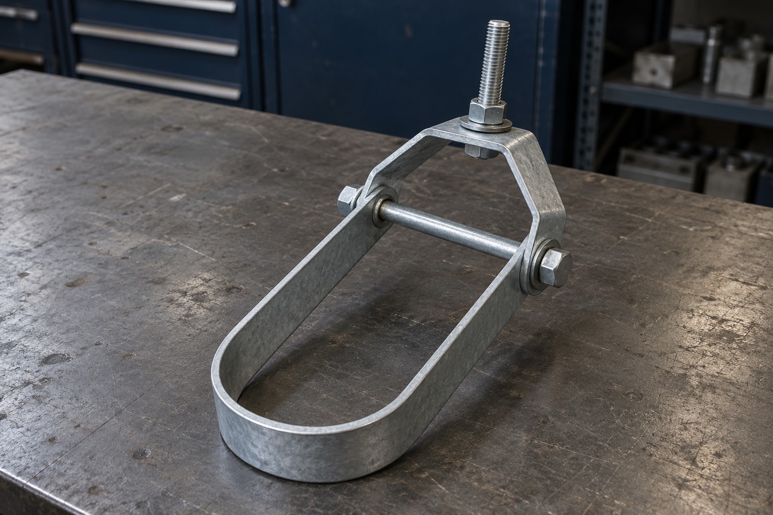 Illustration of a clevis hanger assembly on a fabrication workbench