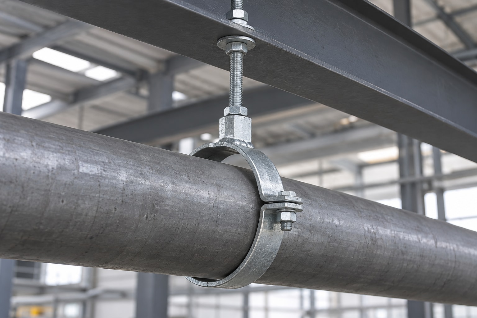 Illustration of a split-ring hanger supporting a horizontal pipe beneath structural steel