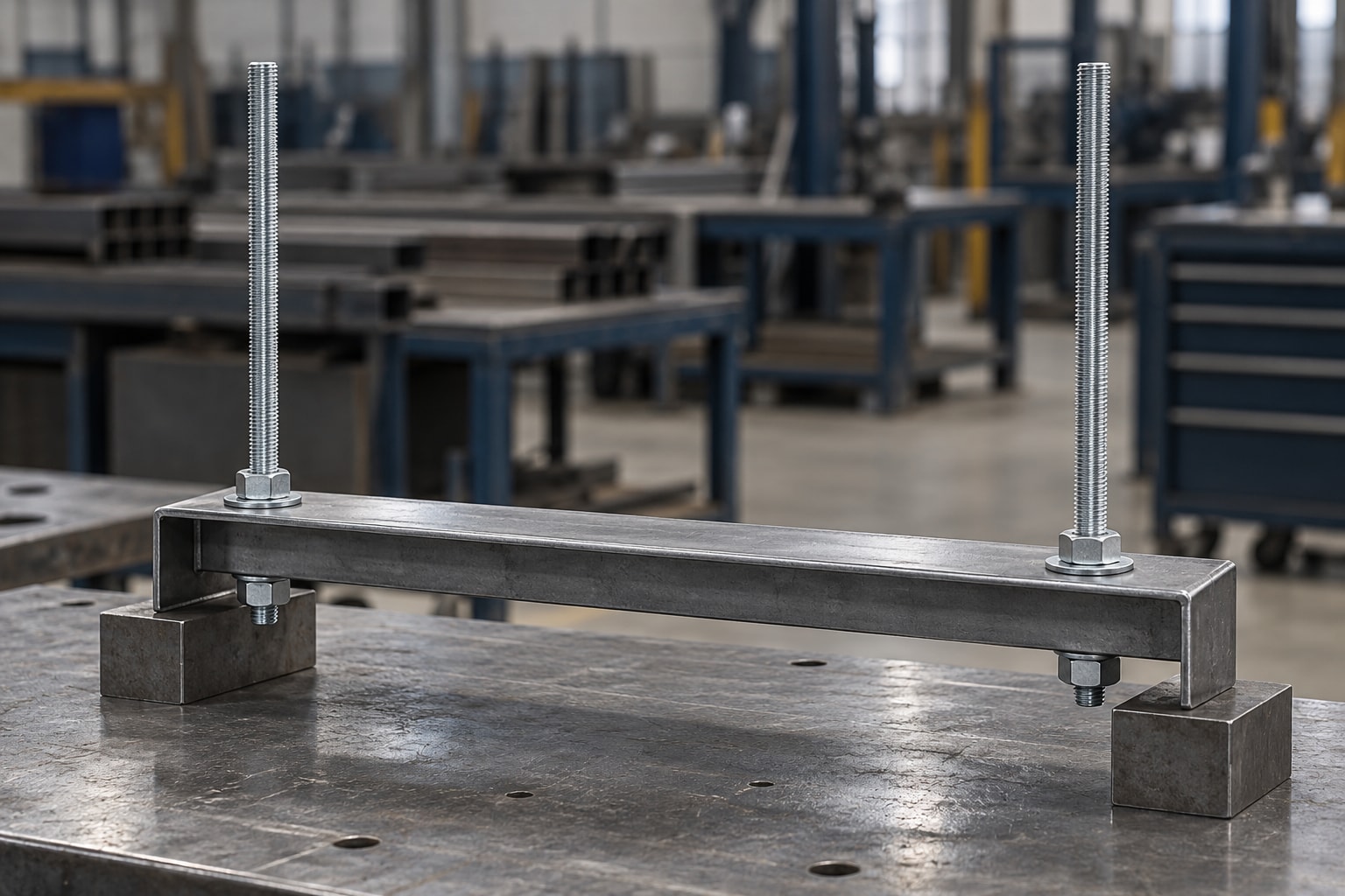 Illustration of a fabricated trapeze cross-member with threaded rods fitted at both ends