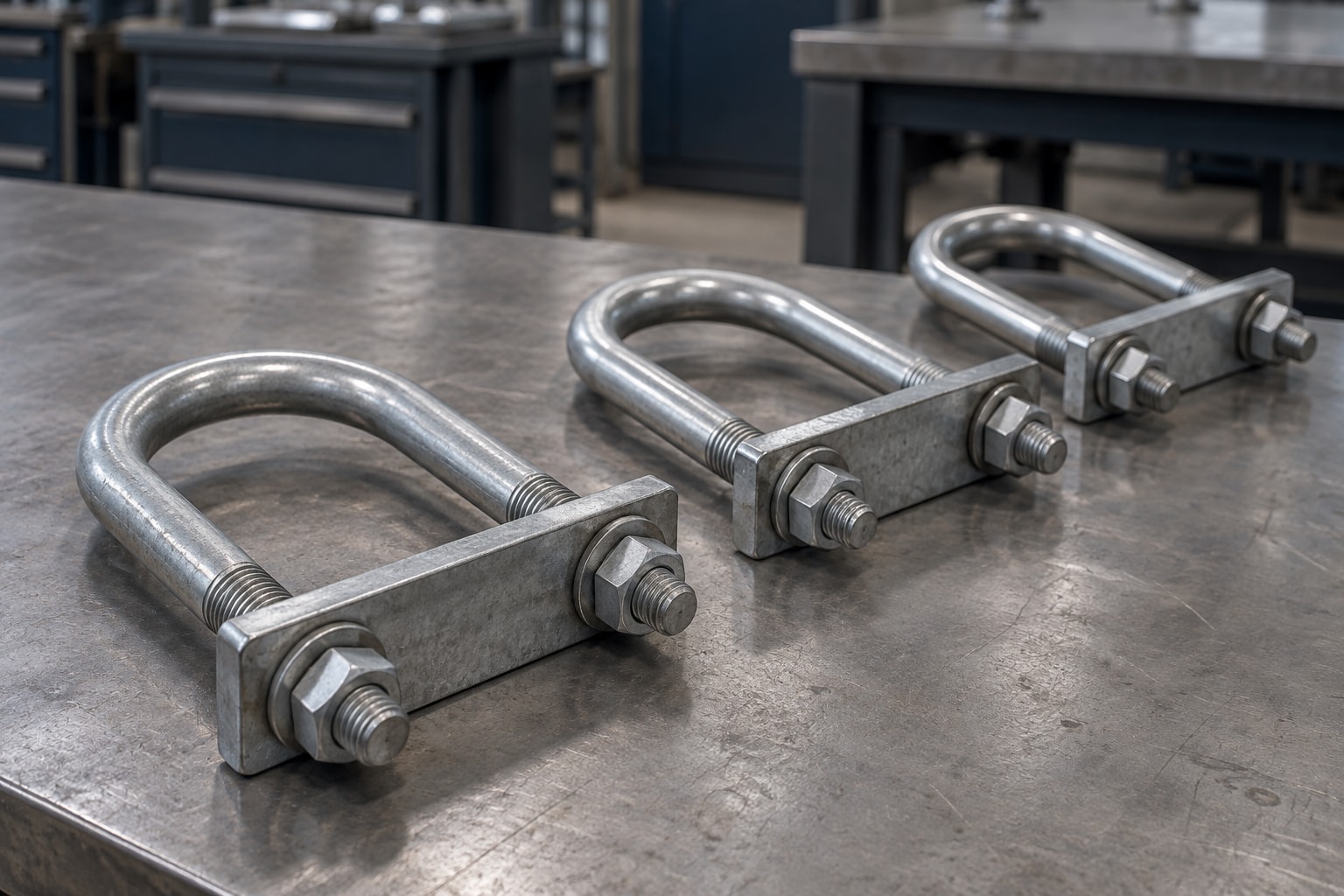 Illustration of three U-bolt and plate assemblies arranged on a fabrication workbench