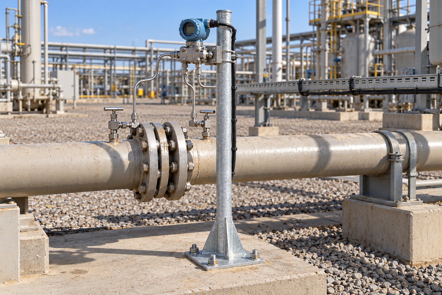 Illustration of a galvanized instrument stand supporting a process instrument beside industrial piping