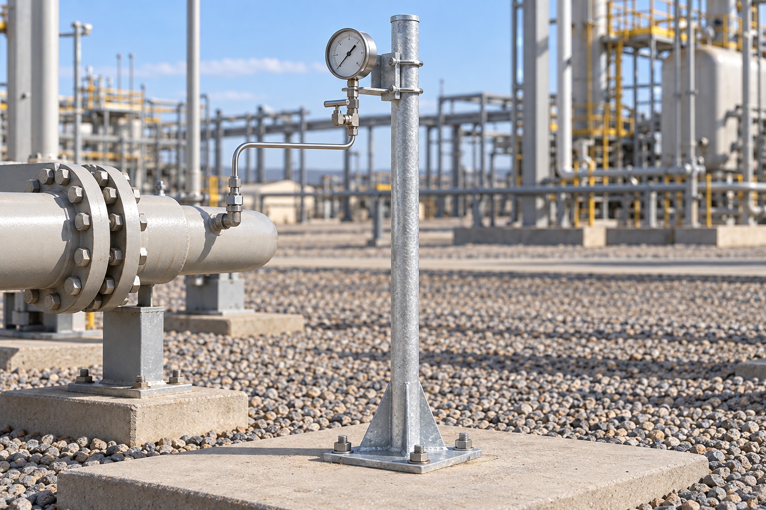 Illustration of a pressure gauge secured to an instrument stand beside process piping