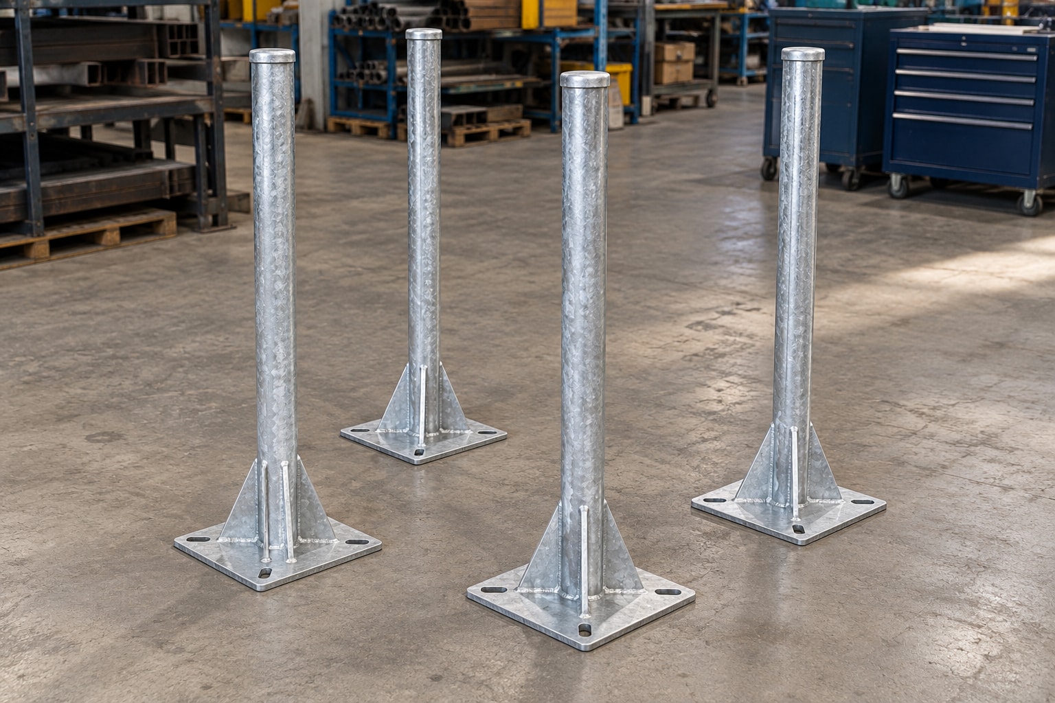 Illustration of four finished galvanized instrument stands with matching posts and reinforced base plates