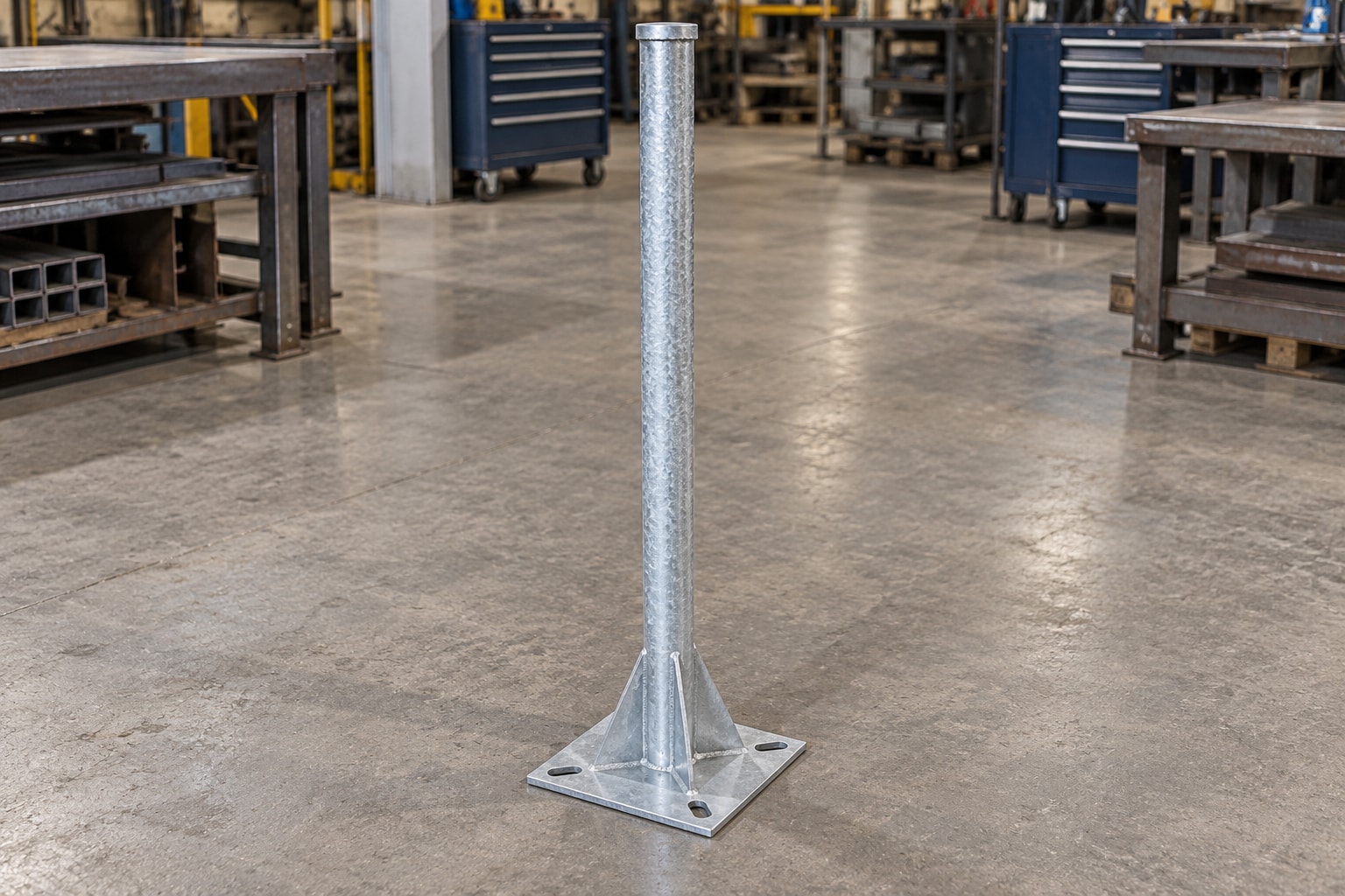 Illustration of a galvanized instrument stand with a capped steel post and gusseted base plate in a fabrication shop