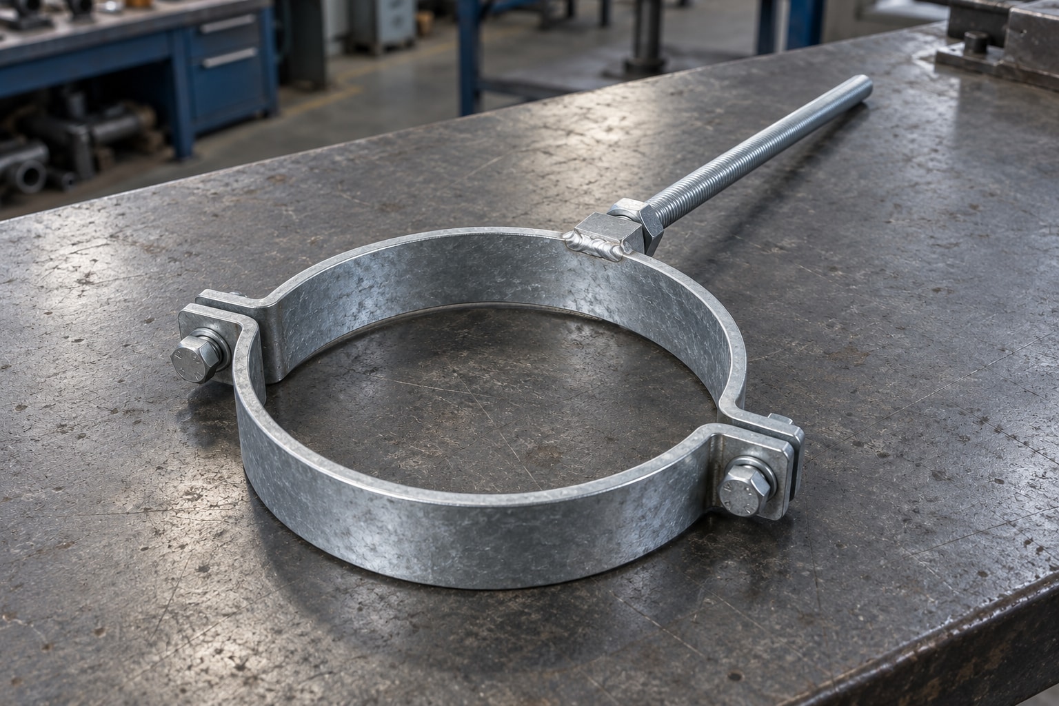 Illustration of a split-ring pipe clamp with a welded threaded boss and suspension rod on a fabrication workbench