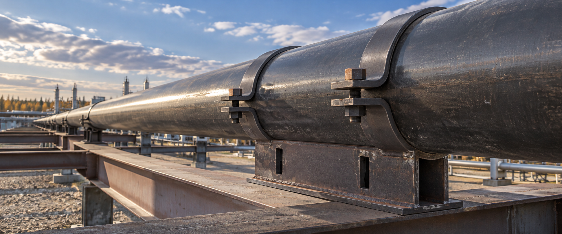 Illustration of a clamped pipe shoe supporting industrial piping on a steel rack in Alberta